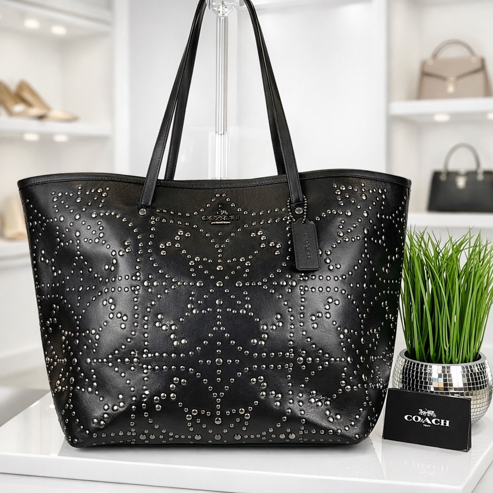 Coach F35163 Studs Floral Black Large‎ Street Tote Shoulder Bag Rare Work Laptop